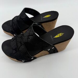 Volatile Women's Size 8 Wedge Sandals Black Snakeskin Cork Platform Mule Heel